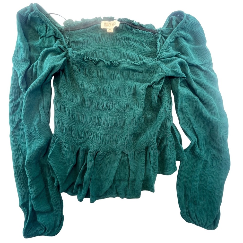 London Rose Green Smocked Long‎ Sleeve Peplum Top Blouse Women's XL